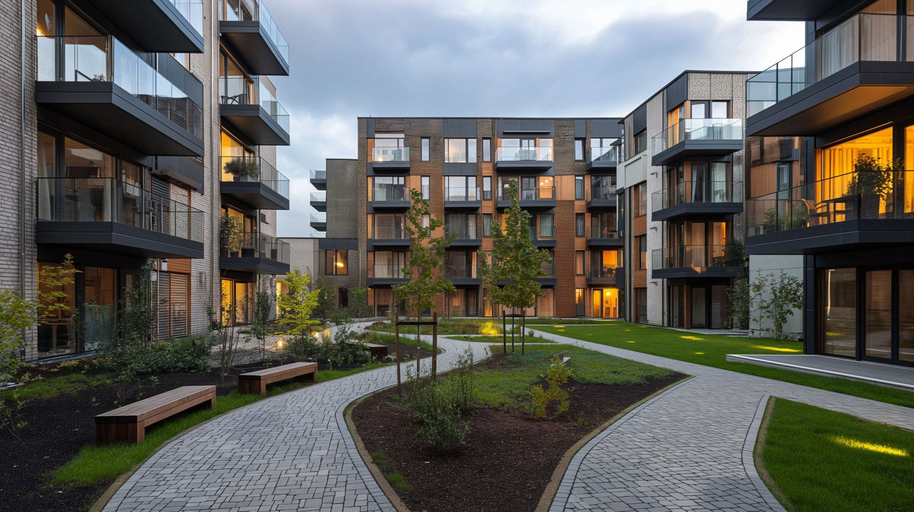 Modern apartment buildings surrounding landscaped shared grounds